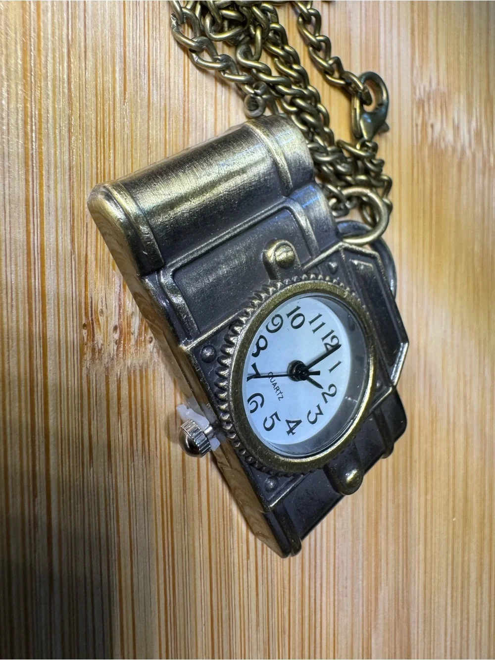 Vintage Camera Pendant Necklace with Clock Face - Antique Brass